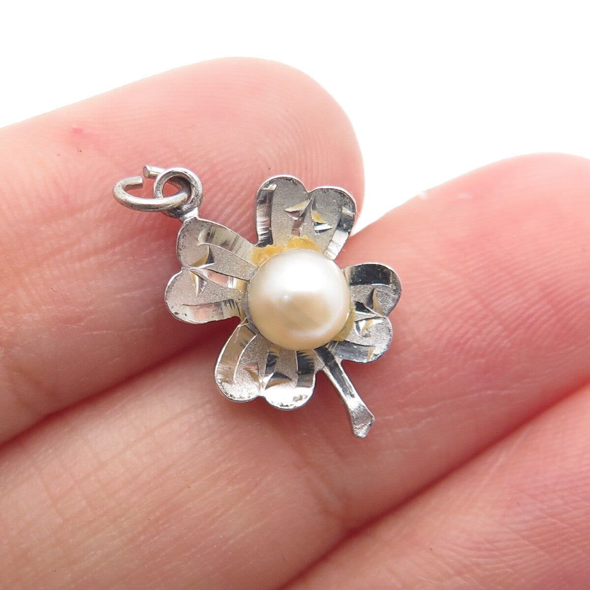 RICHLINE 925 Sterling Silver Antique Real Pearl Clover Minimalist Charm Pendant