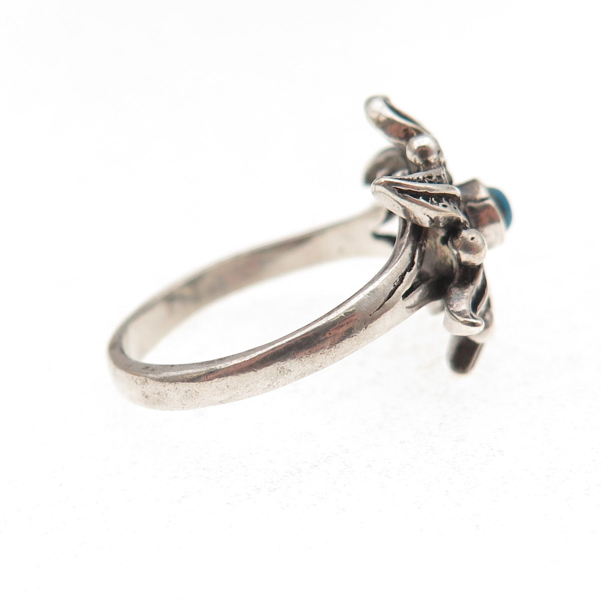 925 Sterling Silver Vintage Real Turquoise Lily Flower Oxidized Ring Size 6.25