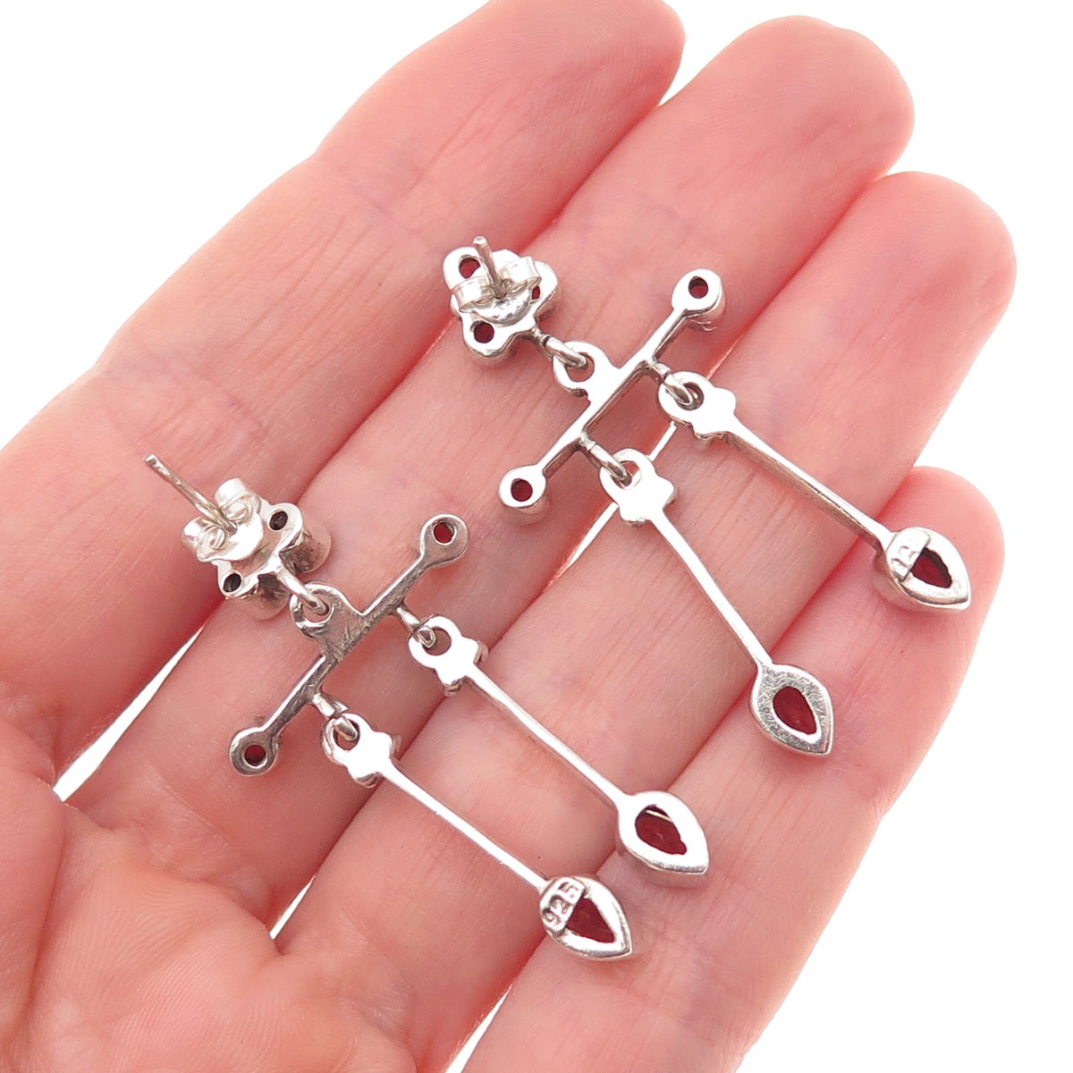925 Sterling Silver Vintage Real Red Garnet Modernist Dangle Earrings