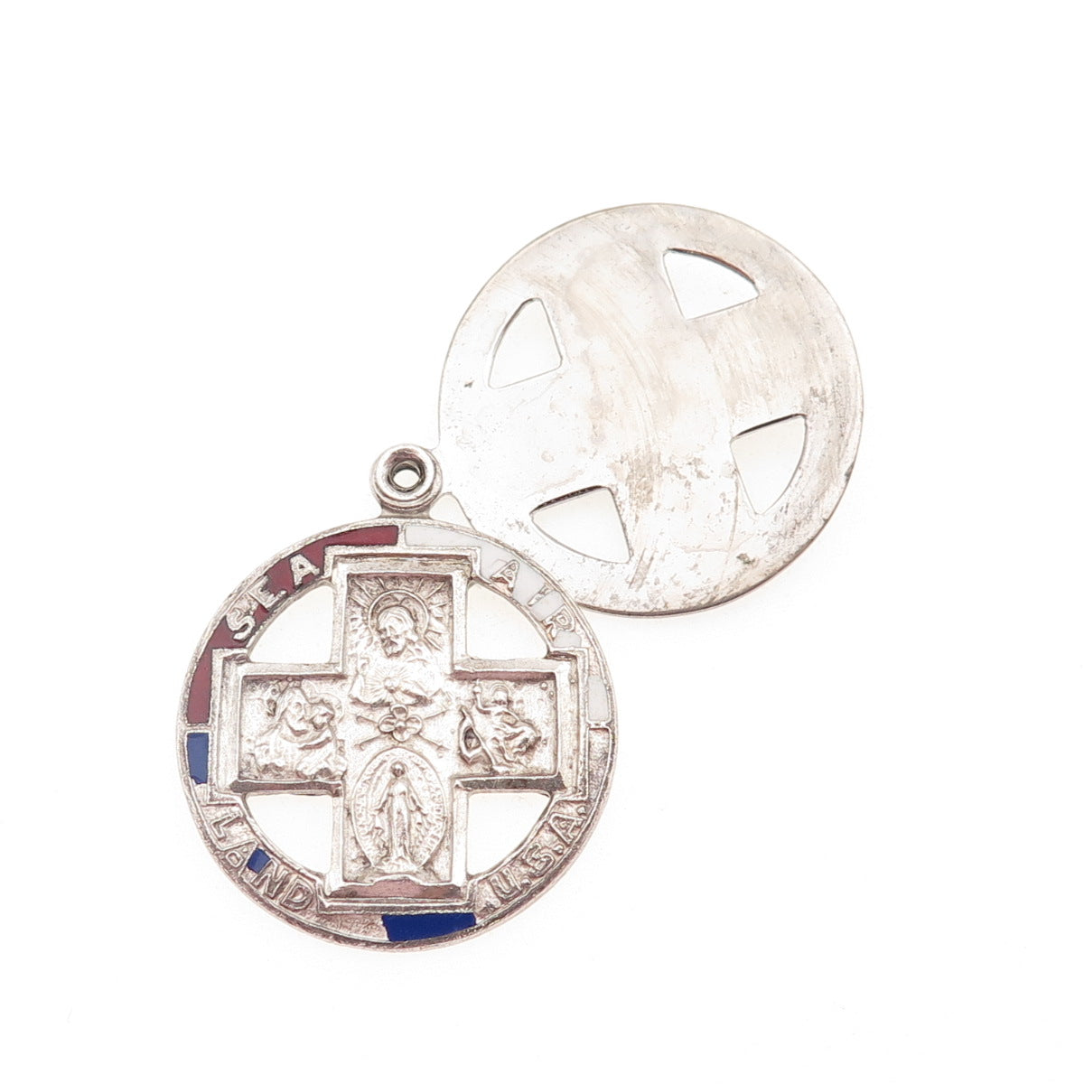 CHAPEL Sterling Antique Enamel Land Sea Air Four-Way Cross Medal Slide Pendant