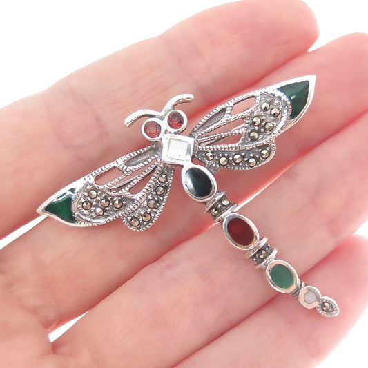925 Sterling Vintage Black & Green Onyx Carnelian Marcasite Dragonfly Pin Brooch