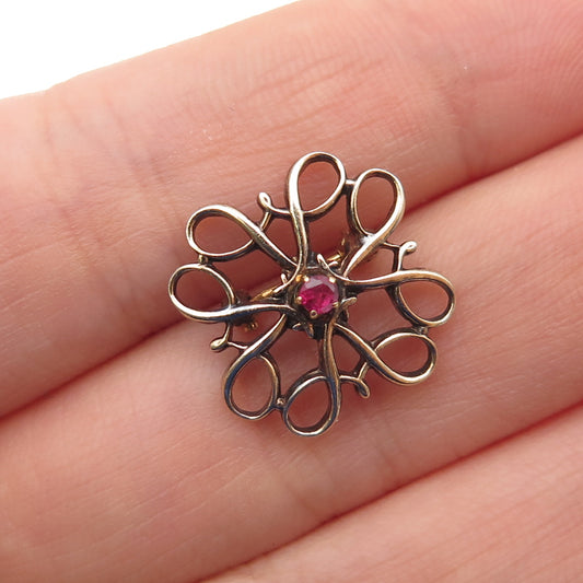 ROBBINS & CO. 925 Sterling Gold Plated Antique Art Deco Real Ruby Flower Brooch