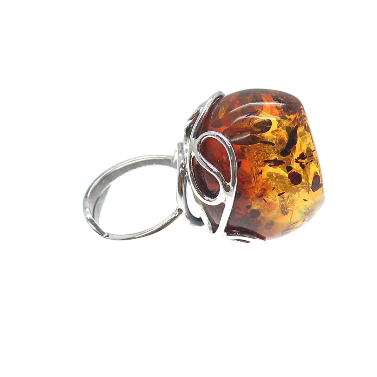 925 Sterling Silver Vintage Real Amber Modernist Ring Size 8.25