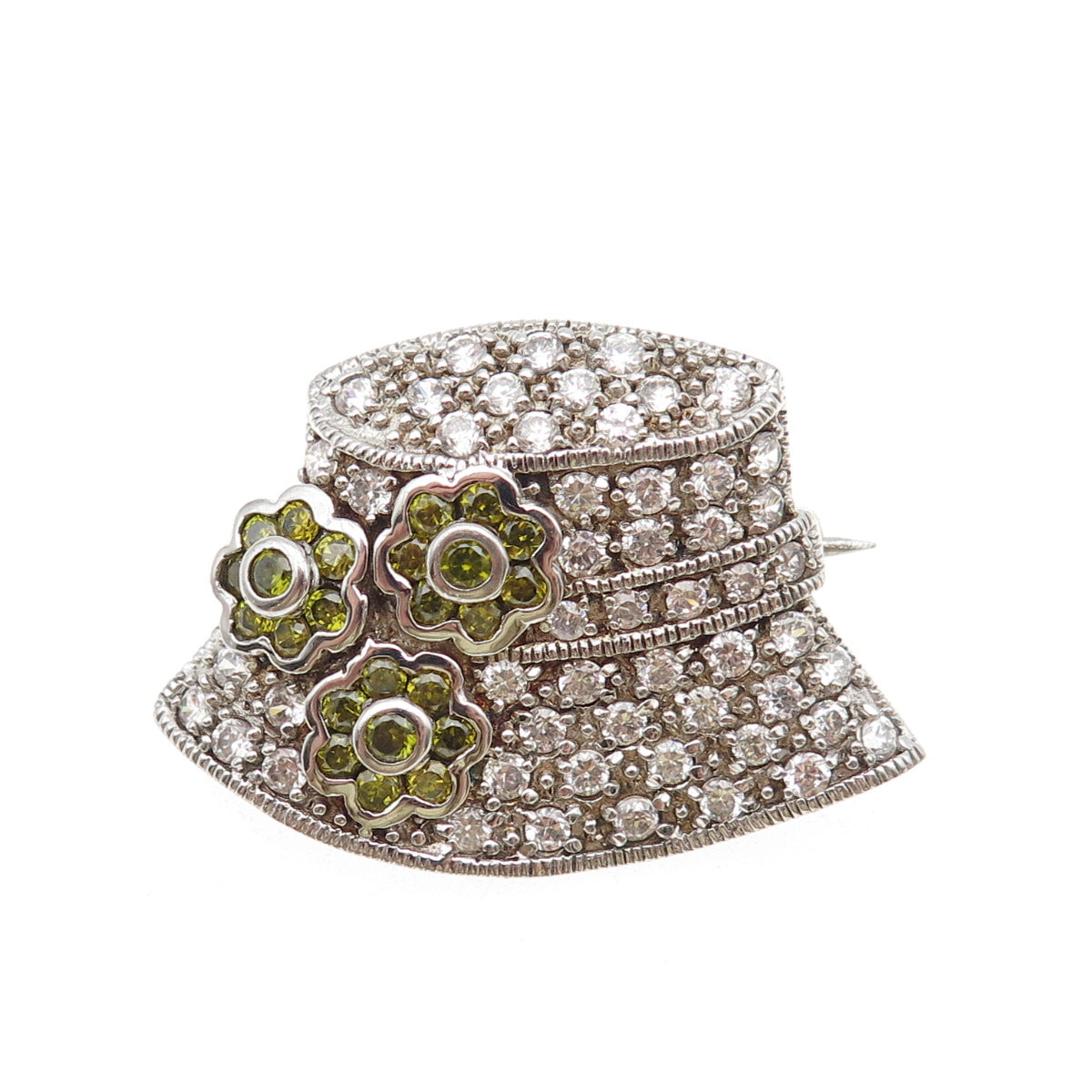 925 Sterling Silver Vintage Round-Cut Green & White C Z Summer Hat Pin Brooch