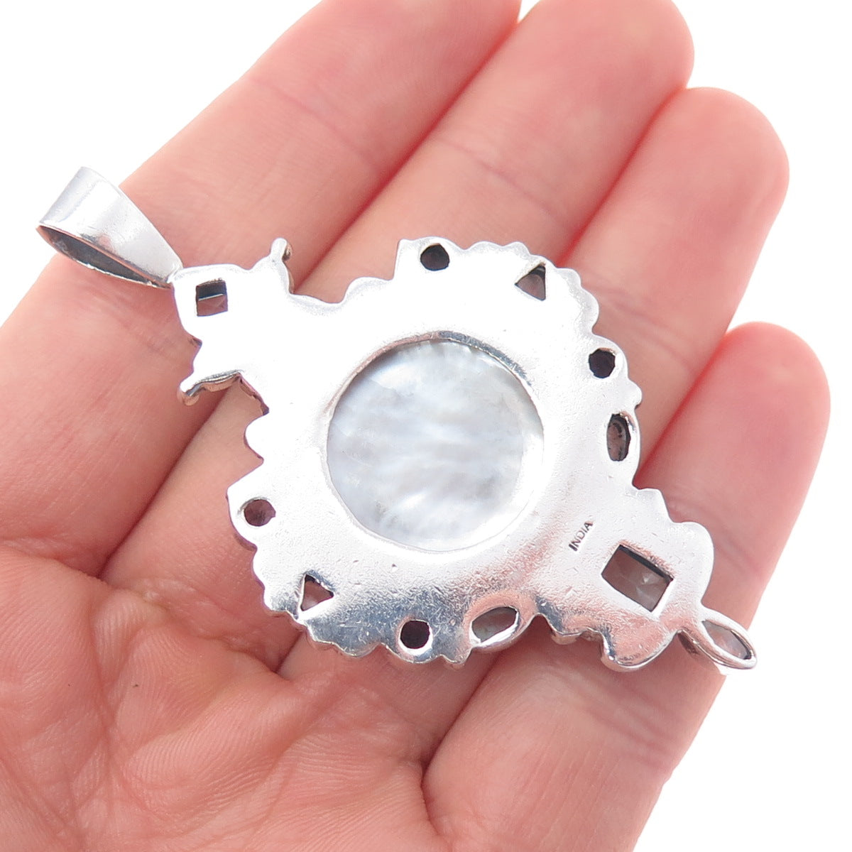 925 Sterling Silver Vintage Real Pearl Moonstone Iolite & Blue Topaz Pendant