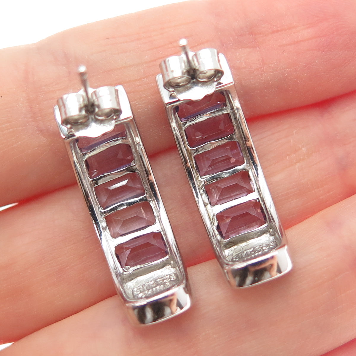 925 Sterling Silver Real Emerald-Cut Amethyst Half Hoop Earrings