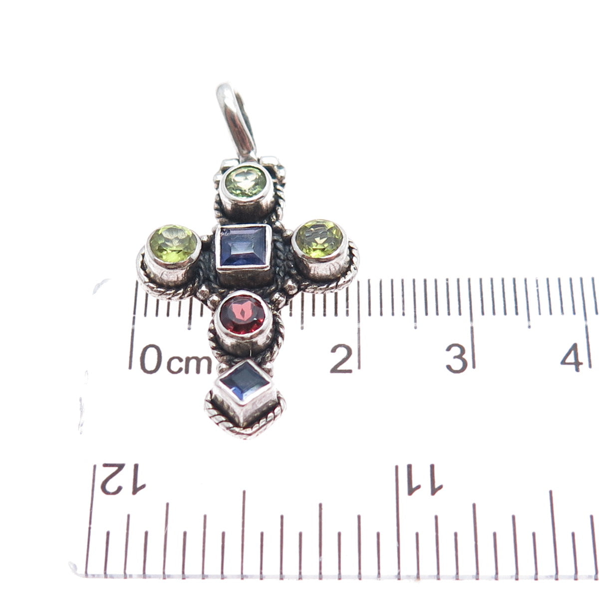 925 Sterling Silver Vintage Real Iolite Peridot & Red Garnet Cross Charm Pendant