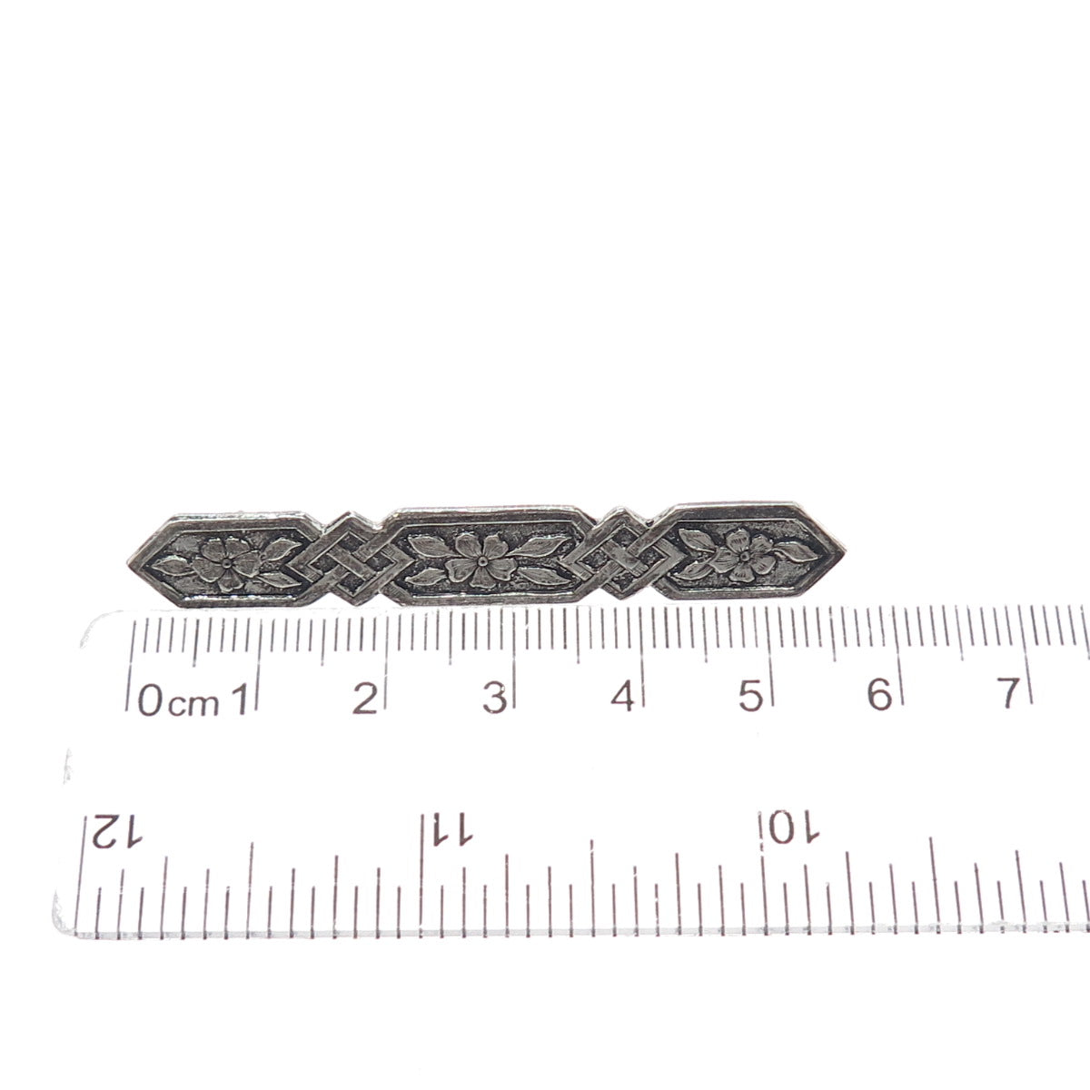 925 Sterling Silver Vintage Flower Blossom Bar Oxidized Pin Brooch