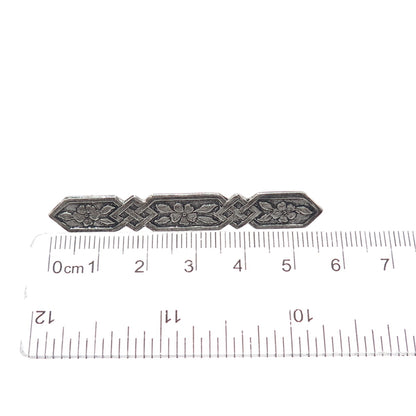 925 Sterling Silver Vintage Flower Blossom Bar Oxidized Pin Brooch