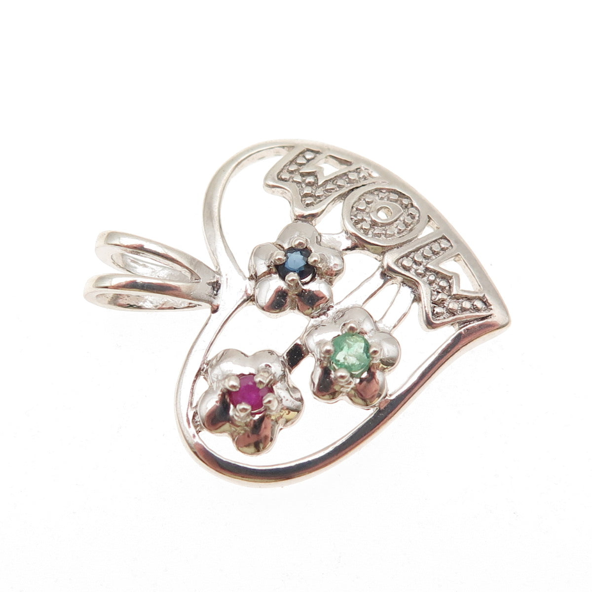Nevada 925 Sterling Silver Real Ruby Sapphire & Emerald Mom Heart Charm Pendant