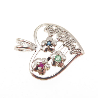 Nevada 925 Sterling Silver Real Ruby Sapphire & Emerald Mom Heart Charm Pendant