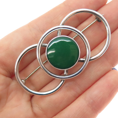 925 Sterling Silver Vintage Mexico Real Green Onyx Interlocked Circle Pin Brooch