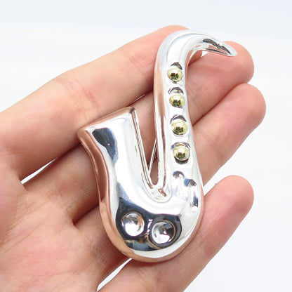 925 Sterling Silver 2-Tone Vintage Mexico Saxophone Musical Instrument Brooch