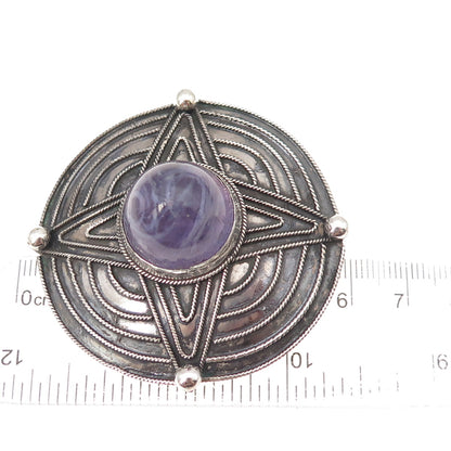 800 Silver Vintage Greece Murano Glass Star Oxidized Pin Brooch / Pendant