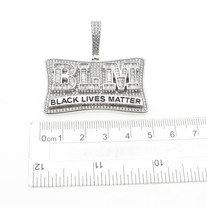 925 Sterling Silver Round & Emerald-Cut C Z Black Lives Matter Pendant