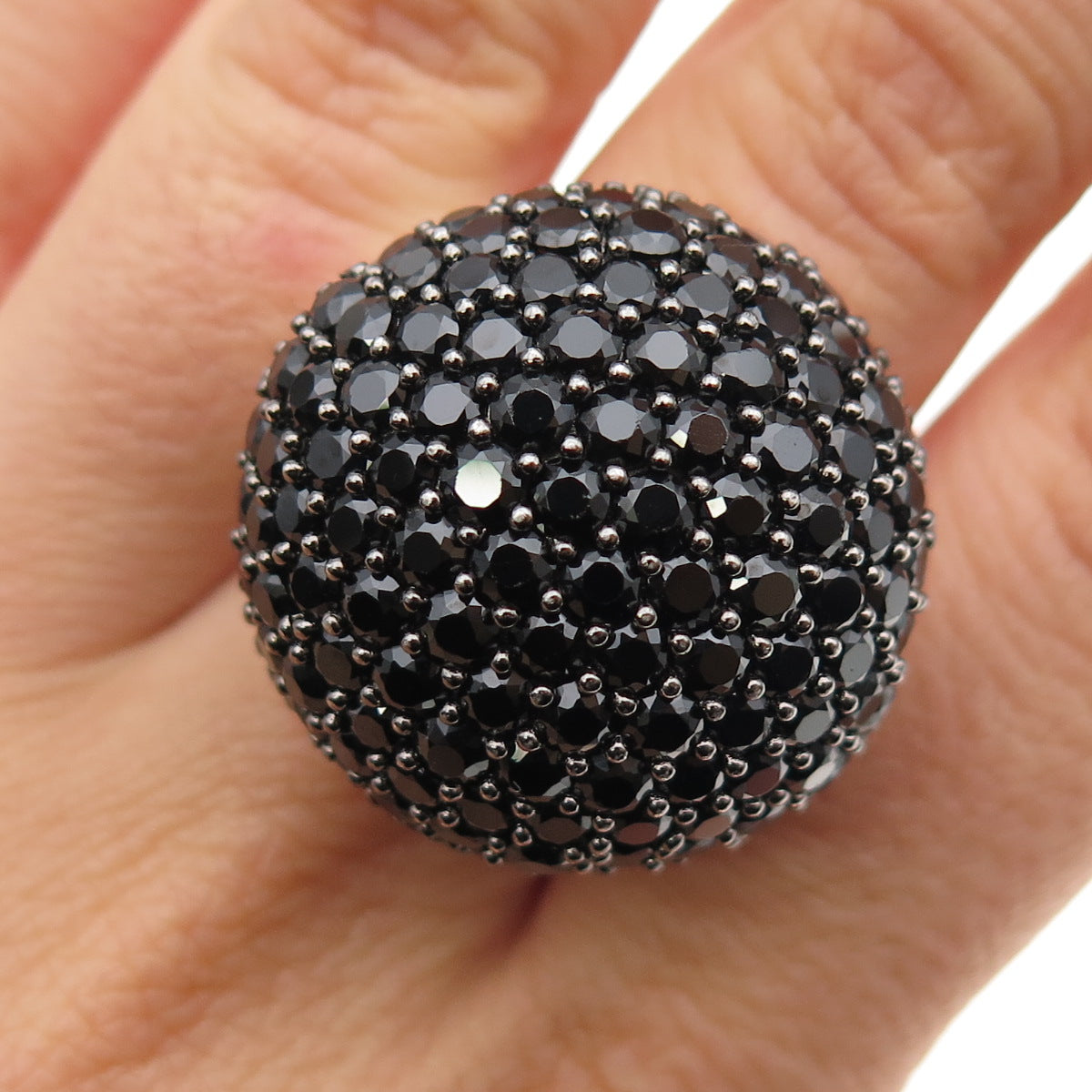 925 Sterling Silver Real Round-Cut Black Spinel Dome Ring Size 7.25