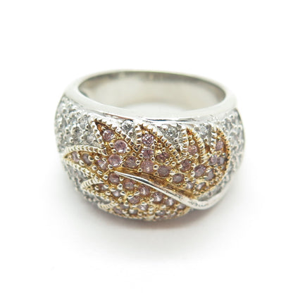 925 Sterling Silver 2-Tone Round-Cut Lavender & White C Z Floral Ring Size 7.25