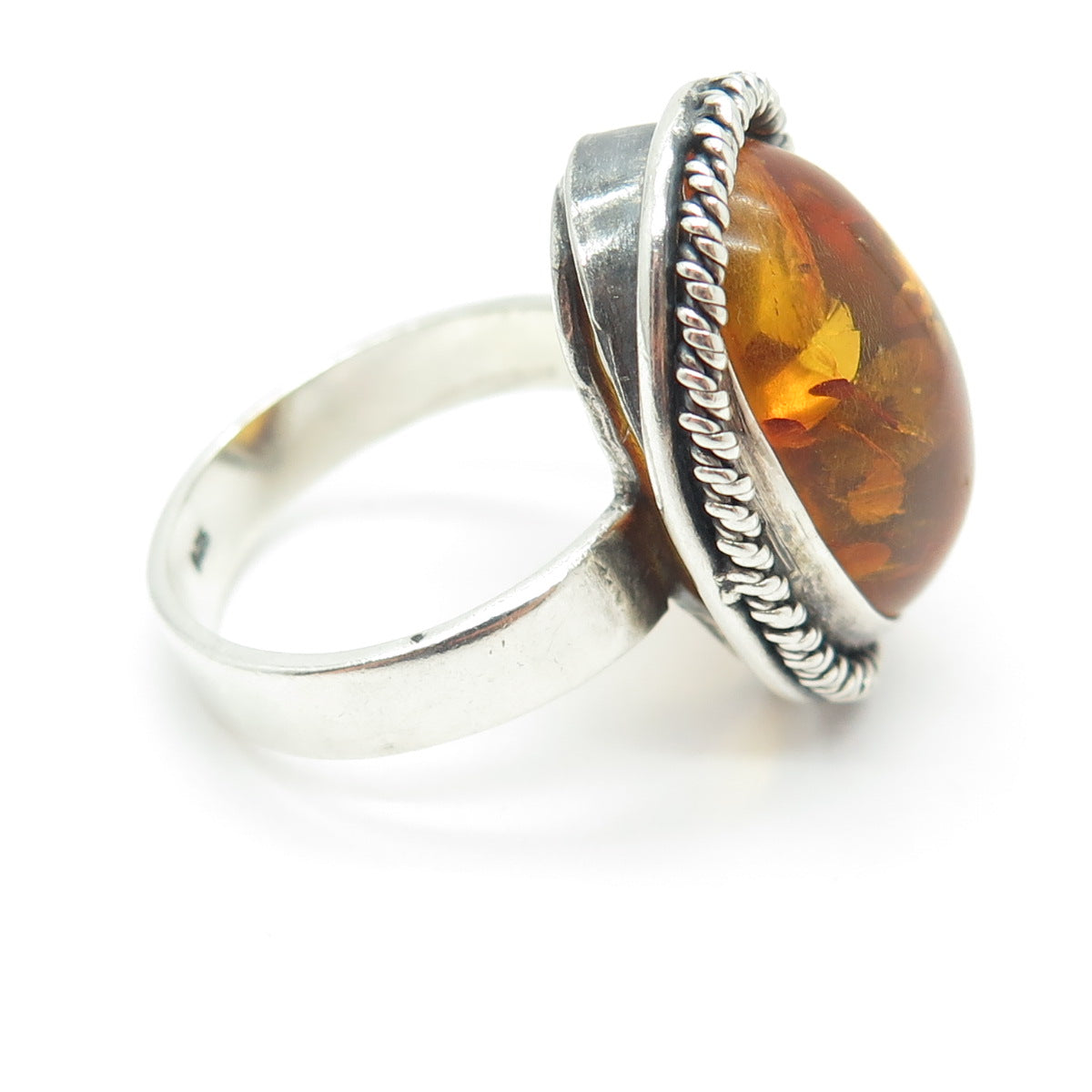 925 Sterling Silver Vintage Real Baltic Amber Modernist Ring Size 11