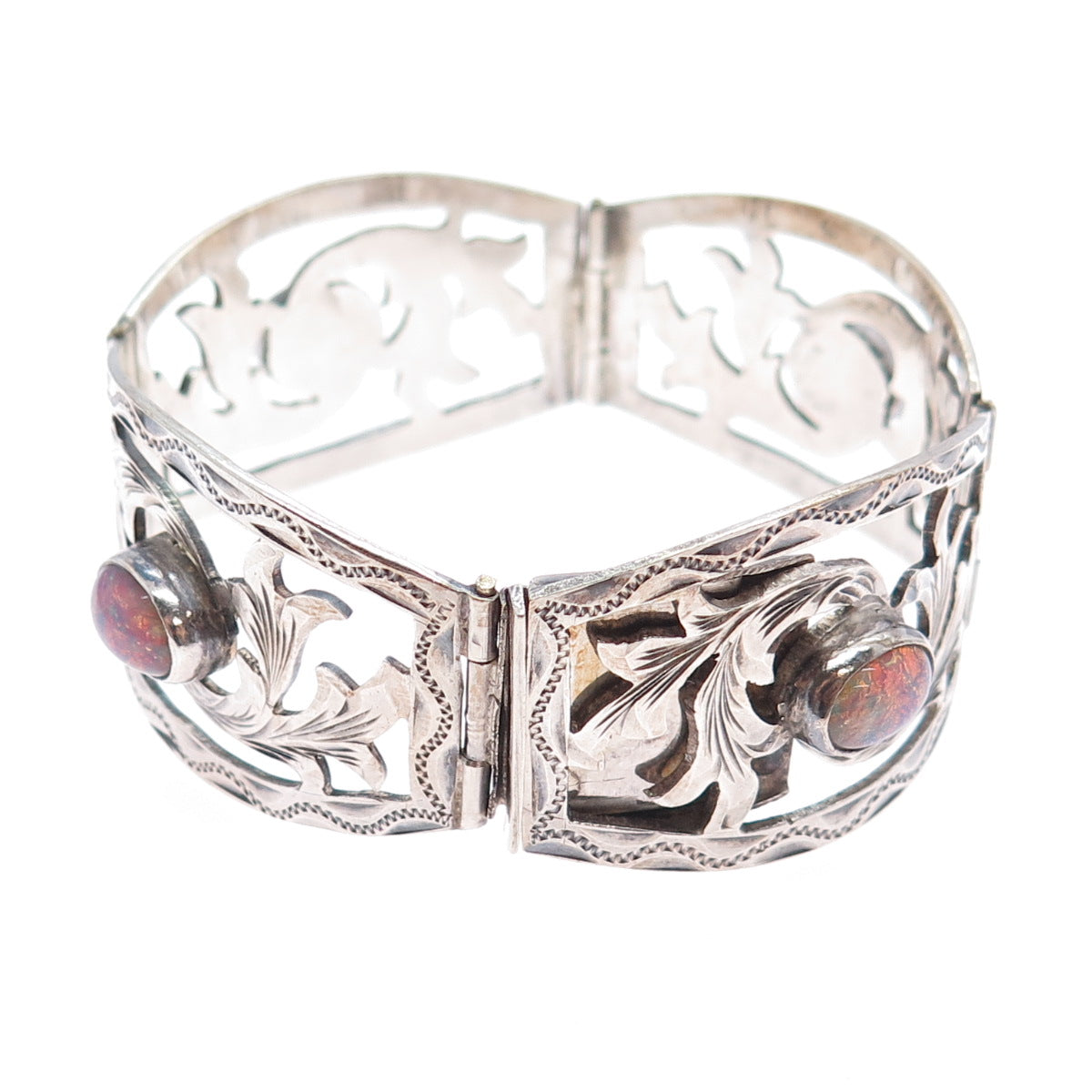 JOY 925 Sterling Silver Vintage Mexico Dragon Breath Opal Floral Bracelet 7.25"