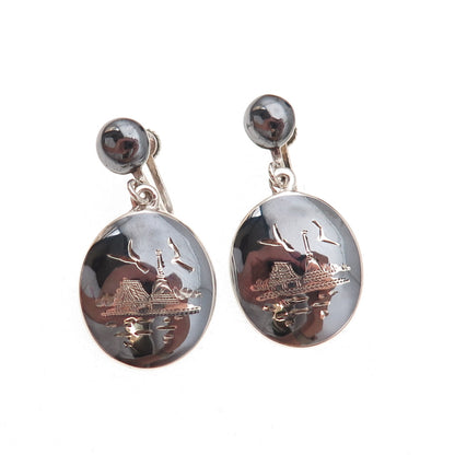 925 Sterling Silver Antique Siam Niello Old Town Screw Back Dangle Earrings