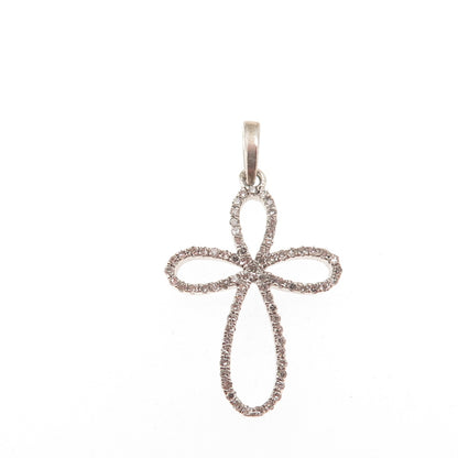 925 Sterling Silver Real Round-Cut Diamond Floral Cross Charm Pendant