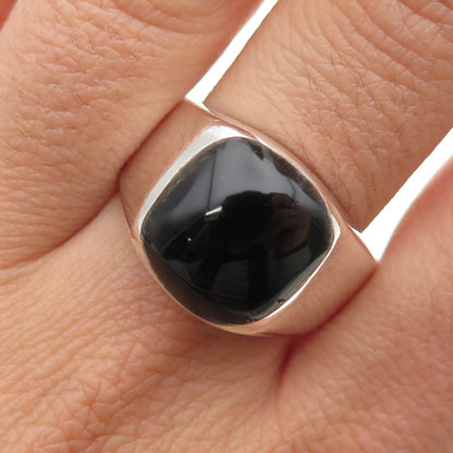 925 Sterling Silver Vintage Mexico Real Black Onyx Modernist Ring Size 12