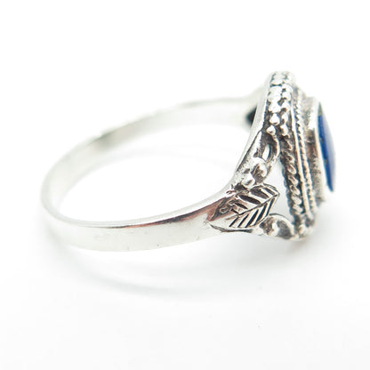 925 Sterling Silver Vintage Real Lapis Lazuli Gemstone Leaf Ring Size 6