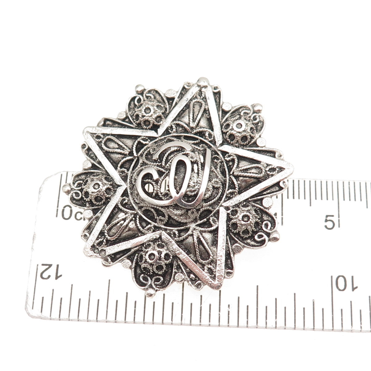 800 Silver Antique Art Deco Arabic Script Filigree Star Oxidized Pin Brooch