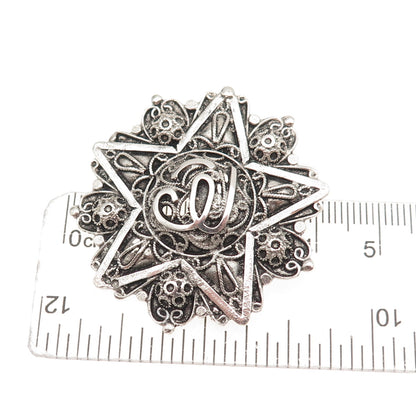 800 Silver Antique Art Deco Arabic Script Filigree Star Oxidized Pin Brooch