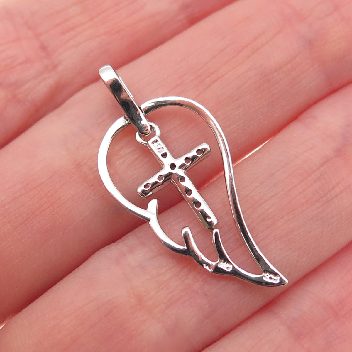 Charles Winston 925 Sterling Silver Real Diamond Cross Angel Wing Charm Pendant