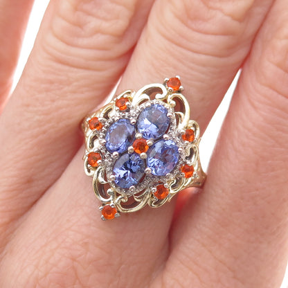Chuck Clemency 925 Sterling Silver 2-Tone Real Tanzanite & Fire Opal Ring Size 8