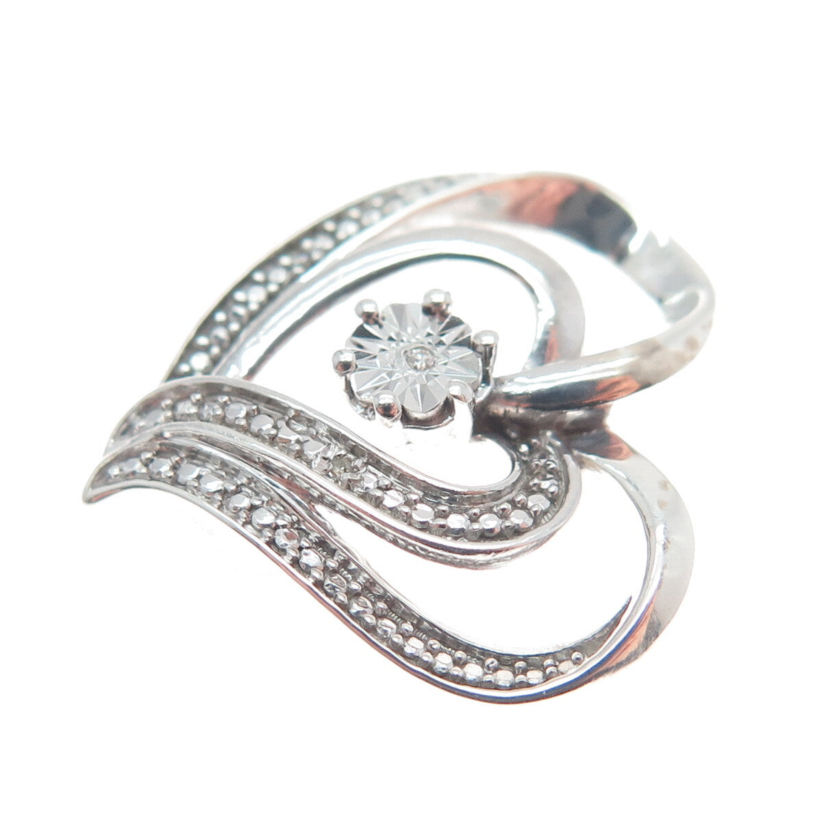 925 Sterling Silver Real White Diamond Open Double Heart Slide Pendant