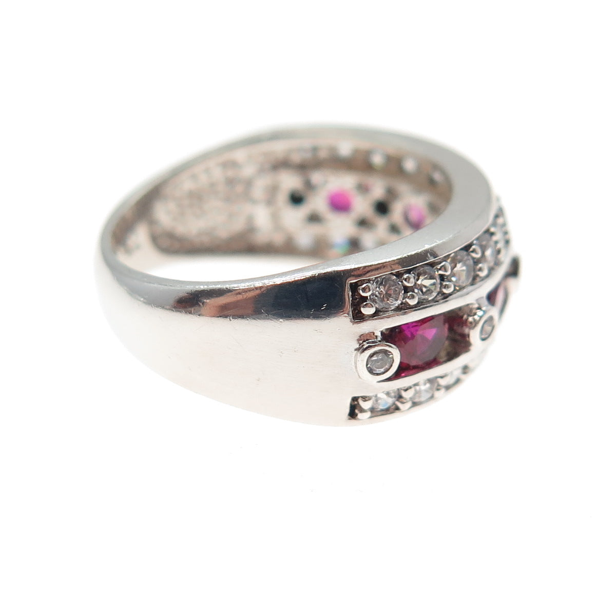 925 Sterling Silver Round-Cut Lab-Created Ruby & C Z Ring Size 5.25