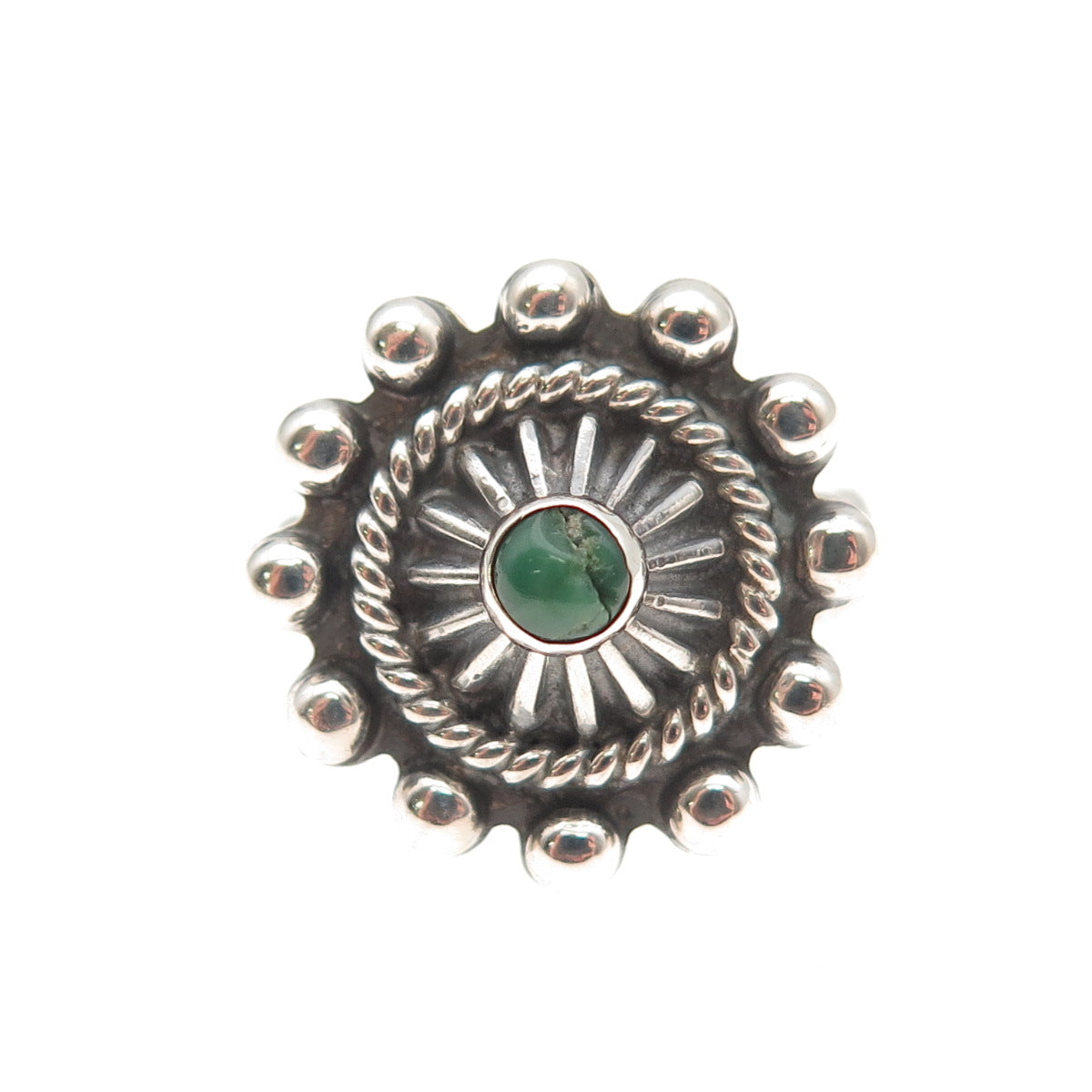 Old Pawn 925 Sterling Vintage Royston Turquoise Sun Beaded Tribal Ring Size 3.75