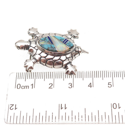 Old Pawn Sterling Silver Vintage Turquoise Lapis Opal Turtle Pin Brooch Pendant