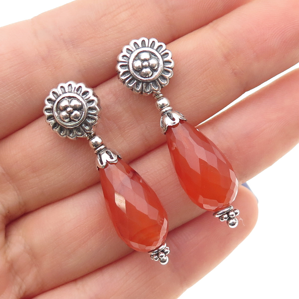Doug Paulus 925 Sterling Silver Vintage Real Agate Flower Dangle Earrings
