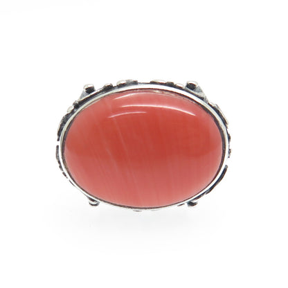 TED OTT 925 Sterling Silver Vintage Real Peach Agate Gem Ethnic Ring Size 9.75