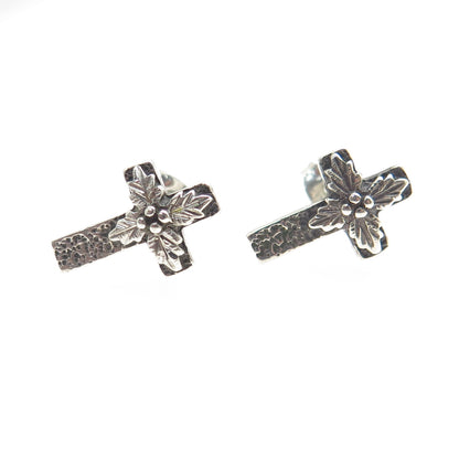 WHEELER MFG CO. 925 Sterling Silver Vintage Floral Leaf Cross Stud Earrings