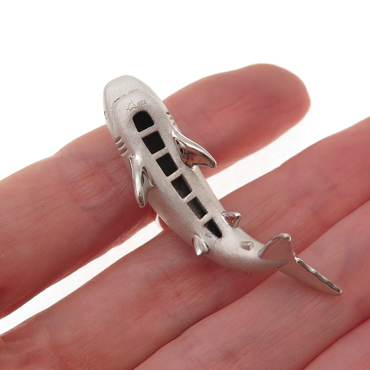 925 Sterling Silver Vintage C Z Great White Shark 3D Pendant