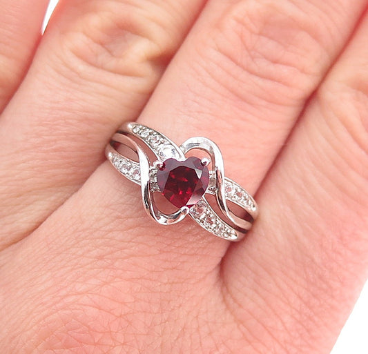 925 Sterling Silver Real White Topaz & Lab-Created Ruby Heart Ring Size 9