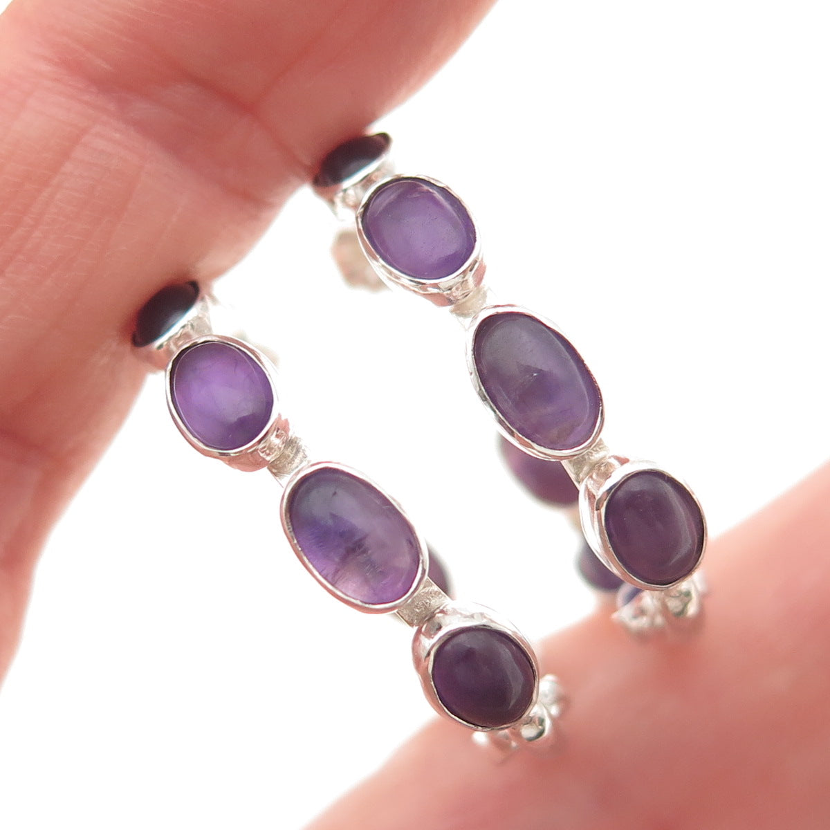 925 Sterling Silver Vintage Real Amethyst In & Out Hoop Earrings