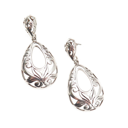 925 Sterling Silver Vintage Floral Teardrop Oxidized Dangle Earrings