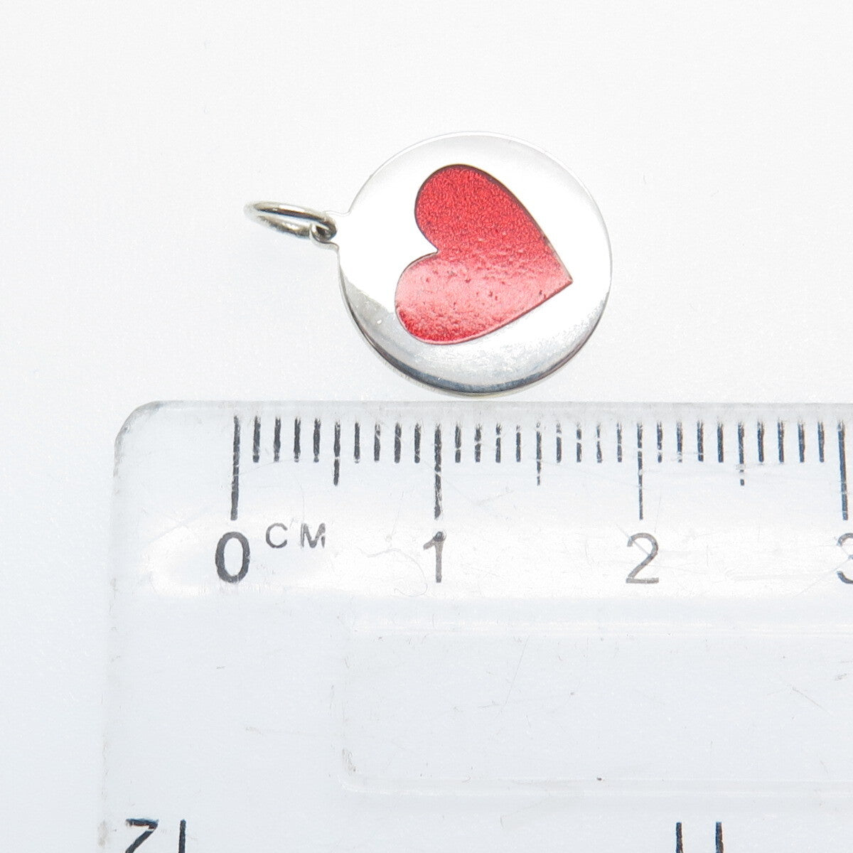 925 Sterling Silver Red Enamel Heart Round Tag Minimalist Charm Pendant