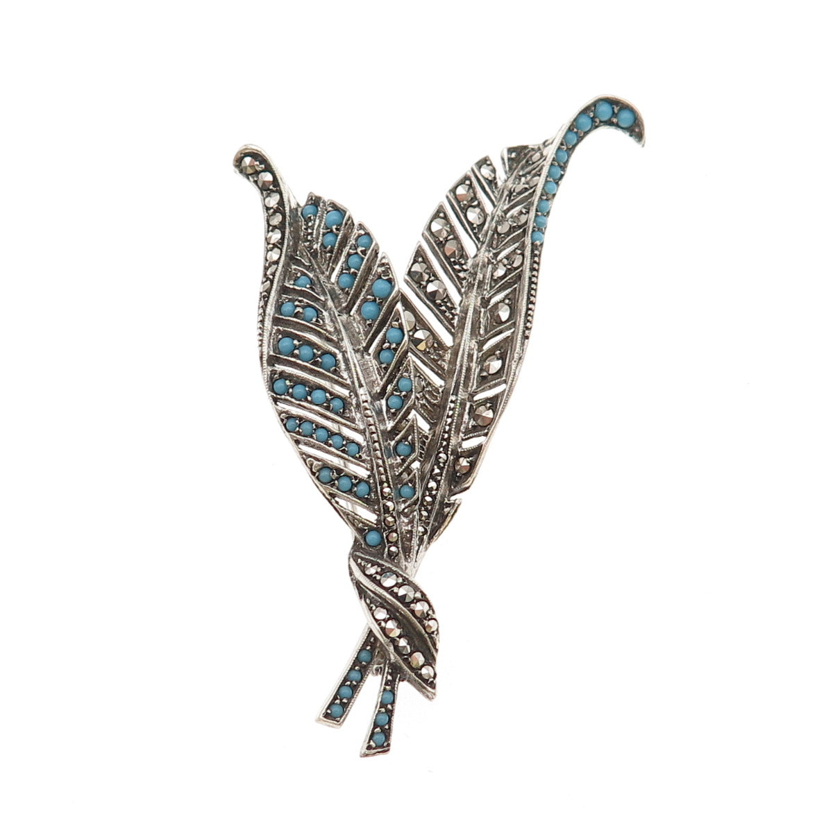 925 Sterling Antique Art Deco Real Marcasite & Blue Rhinestone Floral Pin Brooch