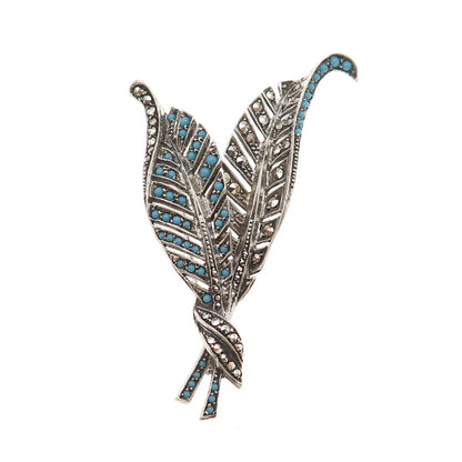 925 Sterling Antique Art Deco Real Marcasite & Blue Rhinestone Floral Pin Brooch