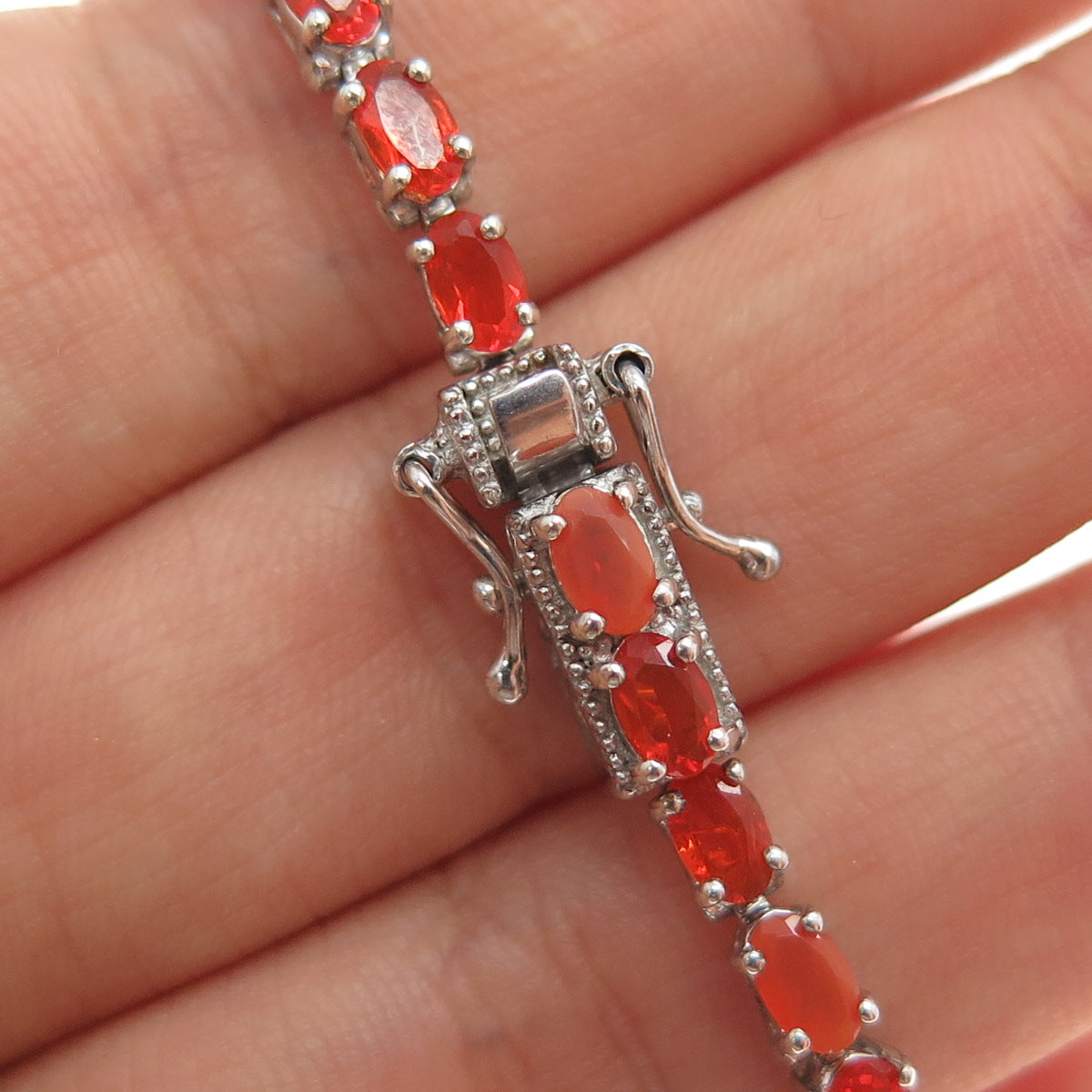 D'JOY 925 Sterling Silver Real Oval-Cut Fire Opal Tennis Link Bracelet 8"