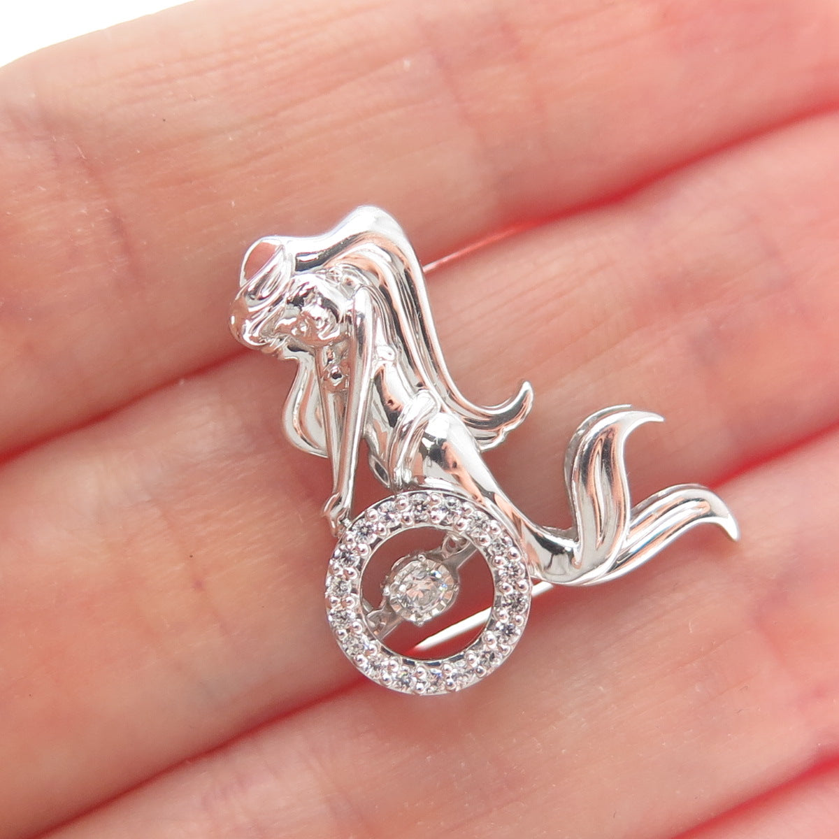 925 Sterling Silver Round-Cut C Z Ariel Mermaid Minimalist Charm Slide Pendant