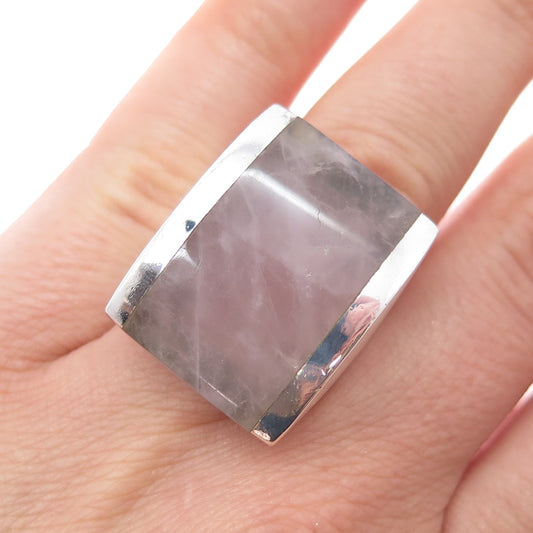 CONTI AORO Sterling Silver Vintage Italy Real Rose Quartz Modernist Ring Size 6