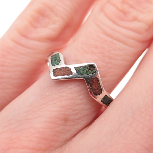 Old Pawn Sterling Silver Vintage Turquoise & Coral Inlay Zig Zag Ring Size 5.75