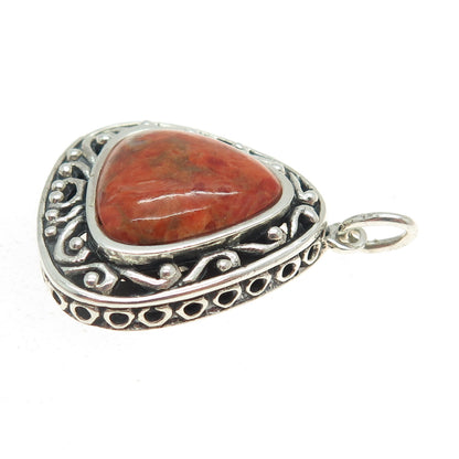 925 Sterling Silver Vintage Real Picture Jasper Gemstone Ornate Pendant